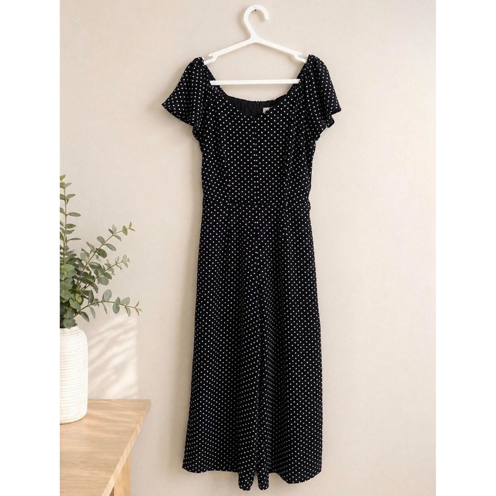 Monteau Black White Polka Dot Jumpsuit Flutter Sleeve Wide Leg Sweetheart Small